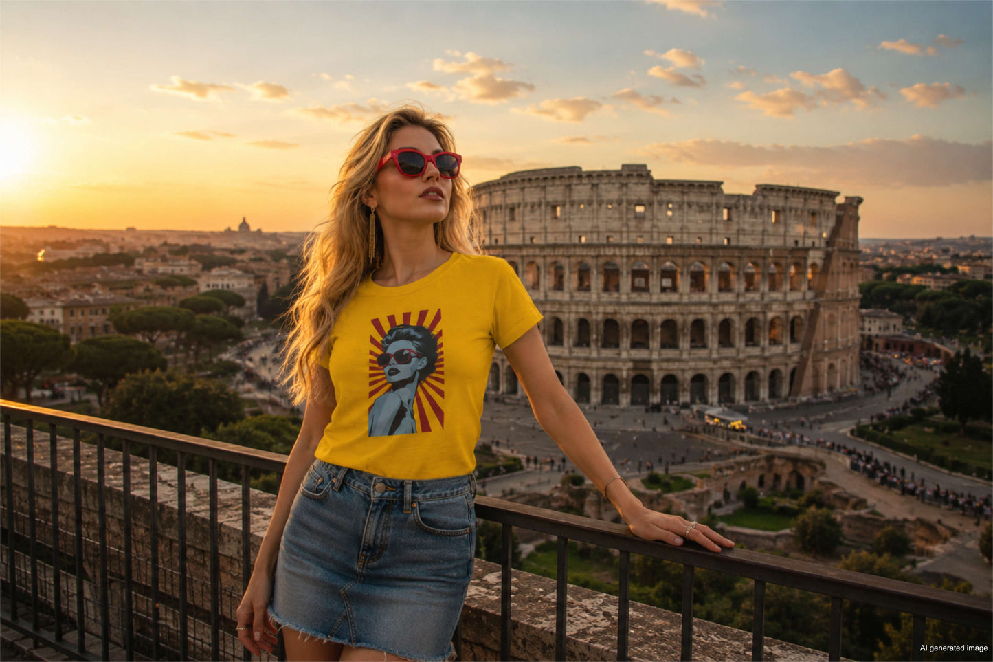 Letnia stylizacja damska z żółtym t-shirtem pop art oraz dżinsową spódniczką. Kobieta stoi przy barierce na punkcie widokowym, prezentując panoramę Rzymu z Koloseum w tle podczas ciepłego zachodu słońca.