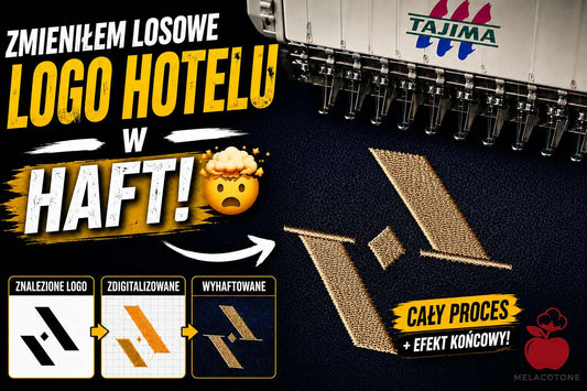 Grafika prezentująca proces krok po kroku: od znalezienia logo hotelu, przez jego digitalizację, aż po gotowy haft komputerowy wykonany złotą nicią na ciemnym materiale za pomocą maszyny Tajima pracowni Melacotone.