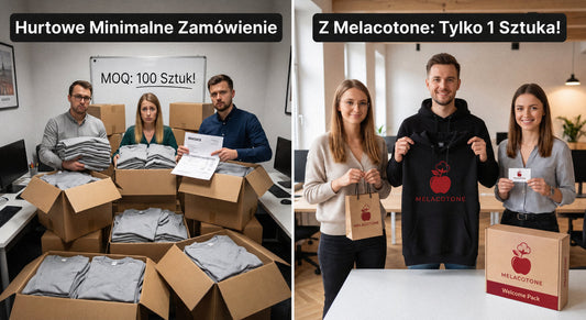 Porównanie zamówień B2B: po lewej zmęczeni pracownicy z masą kartonów odzieży i napisem MOQ 100 sztuk, po prawej uśmiechnięty zespół prezentujący bluzę i Welcome Pack z logo Melacotone bez minimalnego zamówienia.