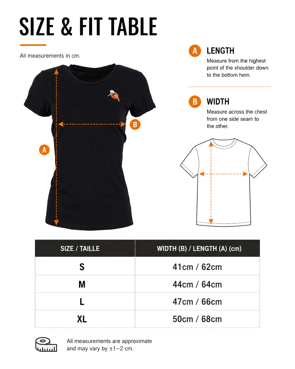 Tabela rozmiarów i dopasowania dla granatowego t-shirtu damskiego MELACOTONE. Grafika przedstawia instrukcję mierzenia długości (A) oraz szerokości (B) koszulki wraz z tabelą dla rozmiarów S, M, L, XL podaną w centymetrach.