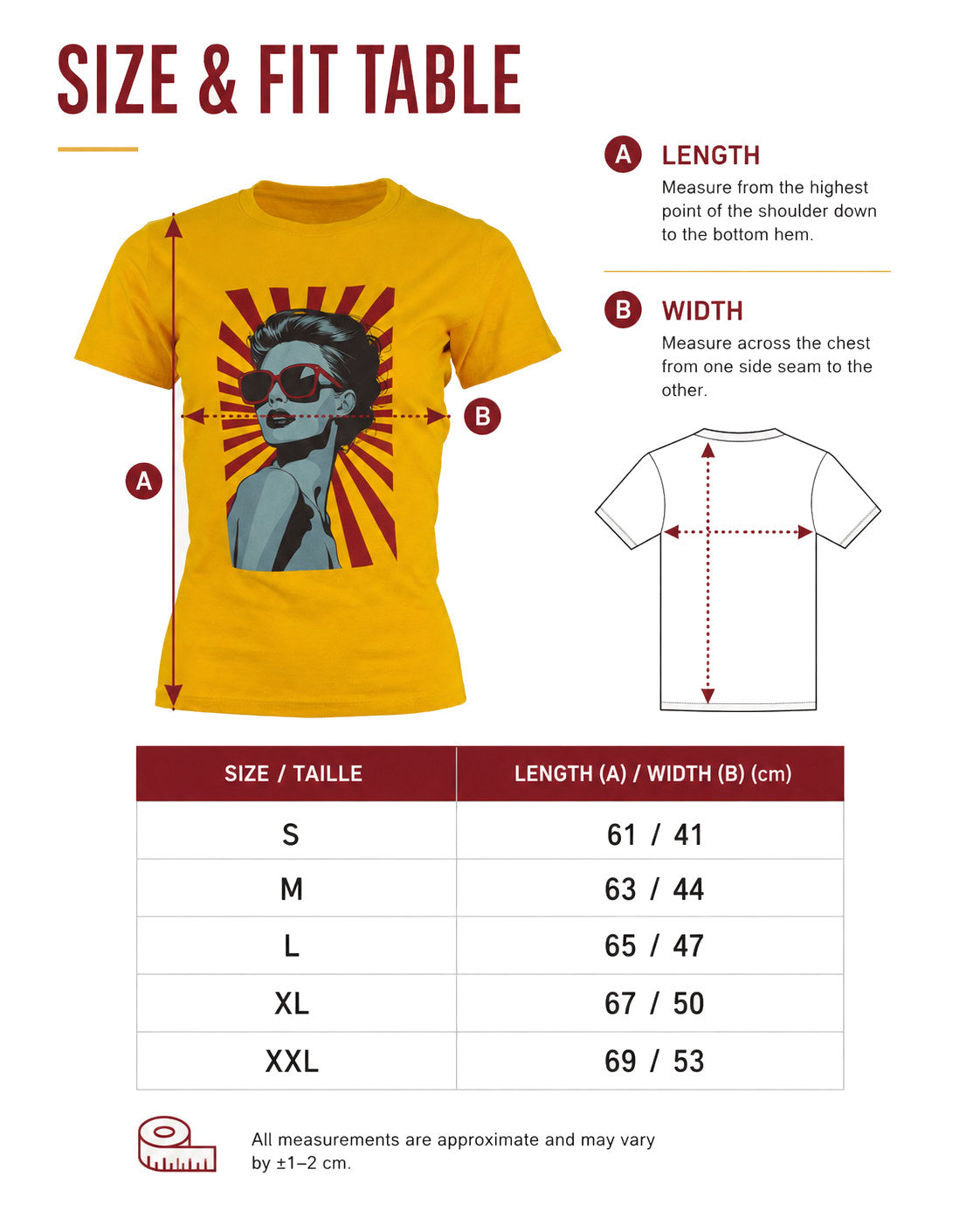 Tabela rozmiarów i dopasowania dla żółtego t-shirtu damskiego MELACOTONE z nadrukiem retro pop art. Grafika zawiera instrukcję pomiaru długości (A) oraz szerokości (B) koszulki wraz z rozpiską wymiarów w centymetrach dla rozmiarów od S do XXL