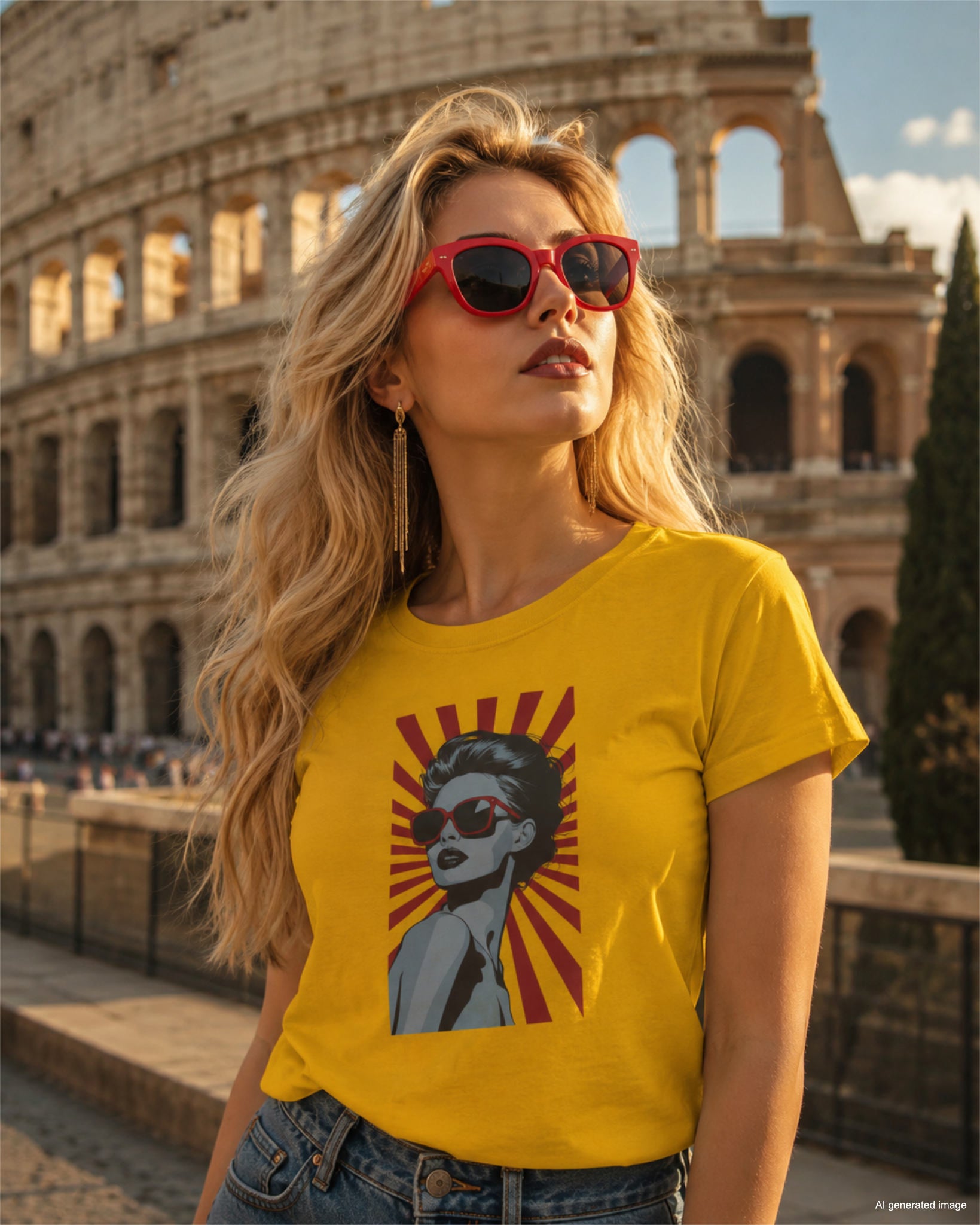Portret kobiety w żółtym t-shircie premium z nadrukiem retro pop art, stojącej na tle rzymskiego Koloseum w słoneczny dzień. Kobieta ma na sobie czerwone okulary przeciwsłoneczne i wiszące kolczyki.