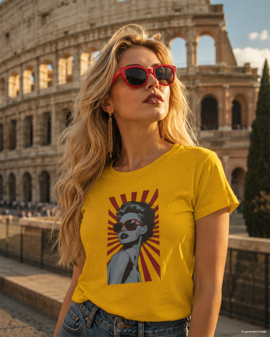 Portret kobiety w żółtym t-shircie premium z nadrukiem retro pop art, stojącej na tle rzymskiego Koloseum w słoneczny dzień. Kobieta ma na sobie czerwone okulary przeciwsłoneczne i wiszące kolczyki.